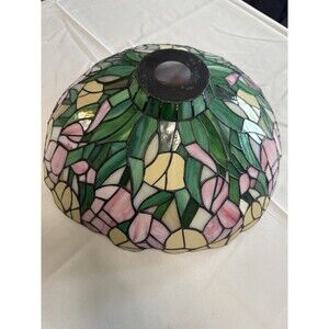 14” Tiffany Style Stained Glass Lamp Shade Floral Pink Green Tulip